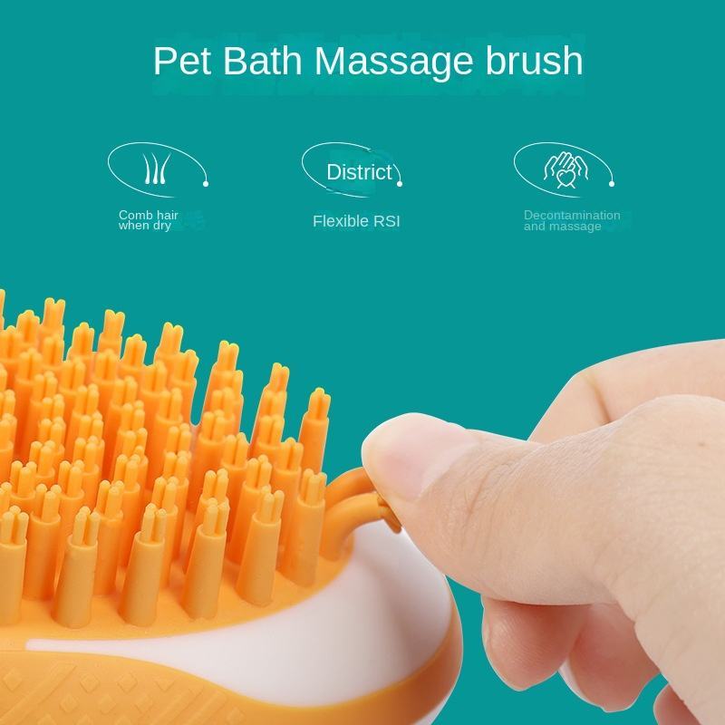 Pet bath massage brush with a hand holding it against a teal background