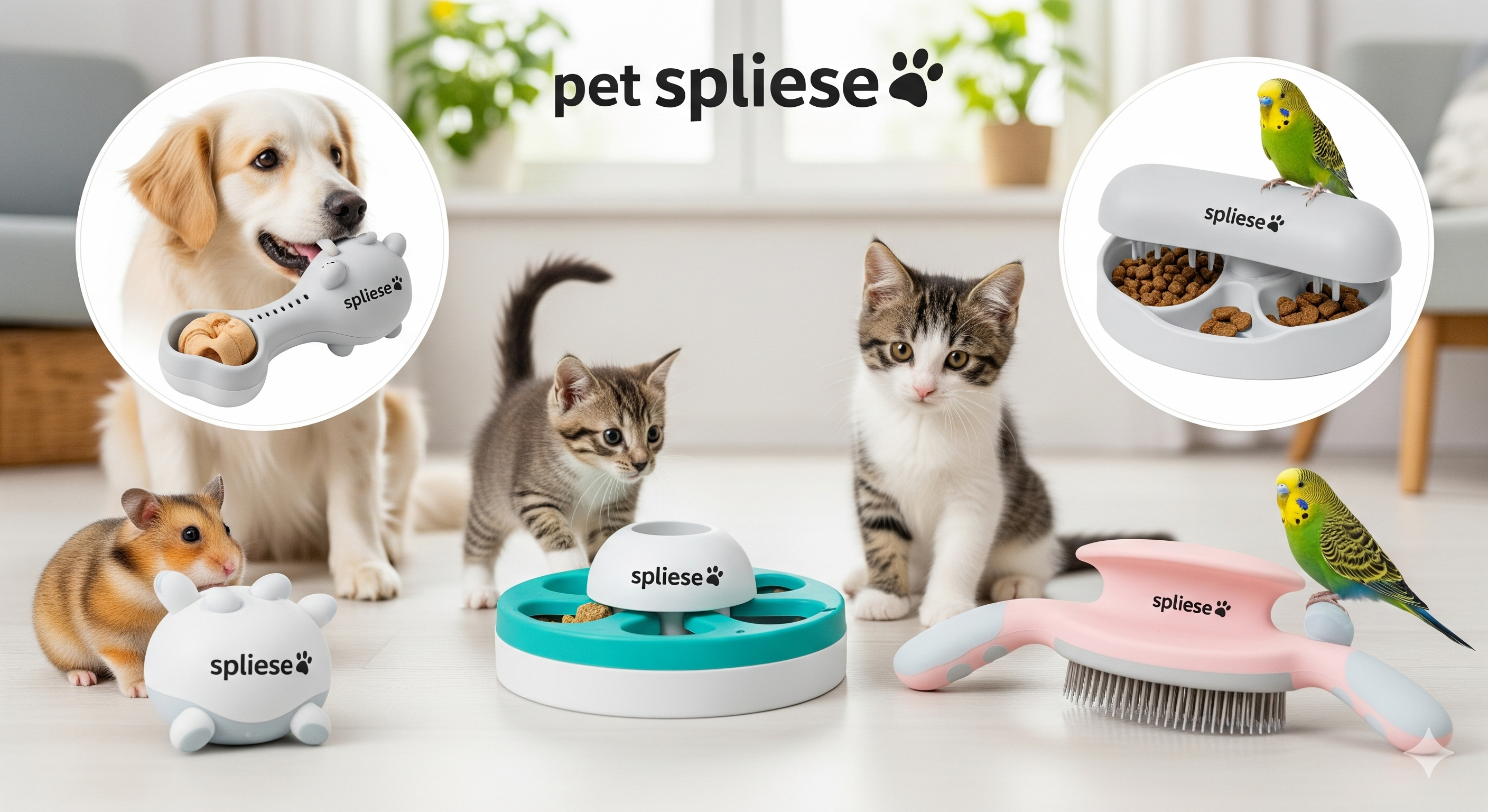 Pet splliese products including toys and feeders for dogs, cats, and birds on a light background.