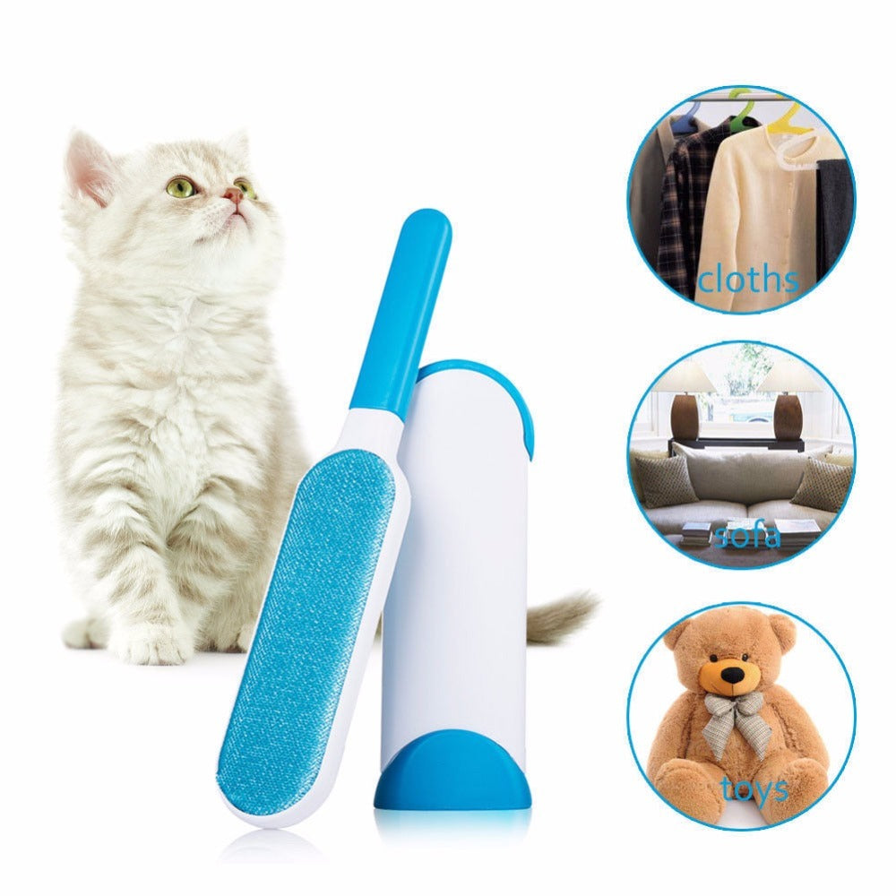 Pet grooming brush with a cat, clothes, sofa, and teddy bear illustrations