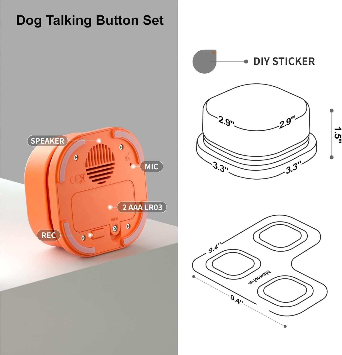 Orange dog talking button set with labeled parts and dimensions