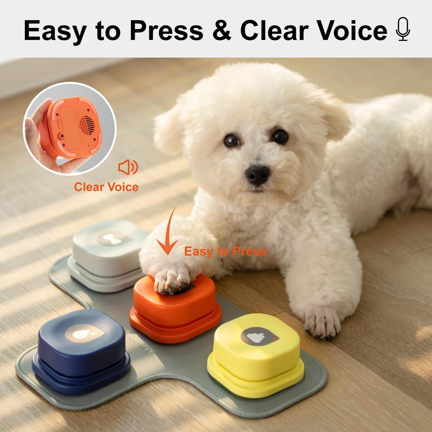 Dog interacting with colorful pet toys on a wooden floor, with text indicating 'Easy to Press & Clear Voice'.