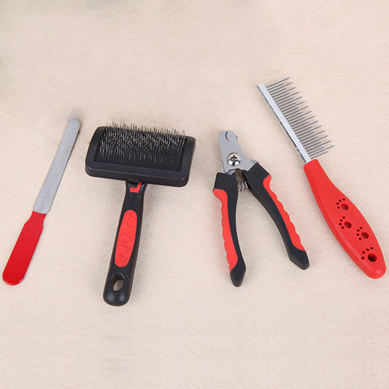 Set of pet grooming tools including a brush, nail clipper, and comb