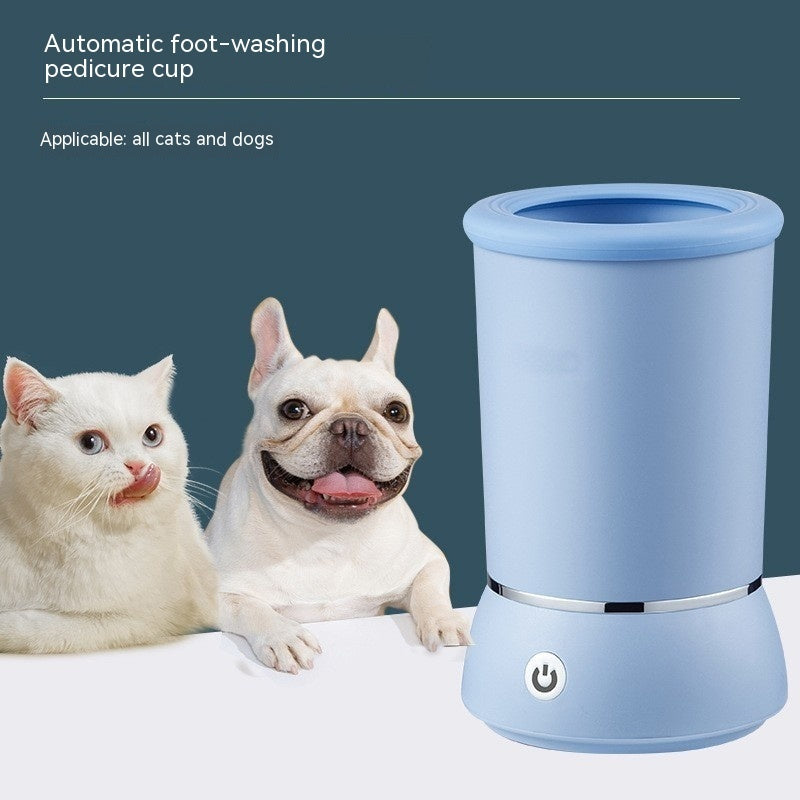 Automatic foot-washing pedicure cup with a cat and dog in front of it