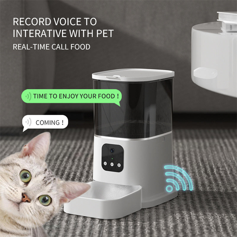 Pet feeder with text indicating voice interaction and real-time food call, next to a cat.