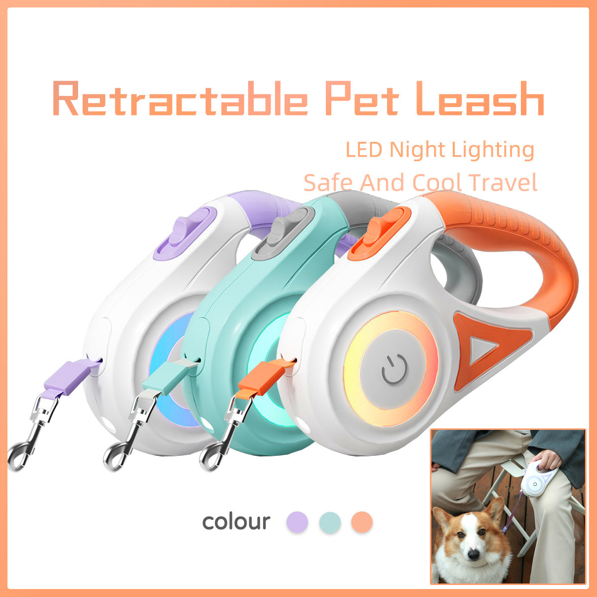 Retractable pet leash with LED night lighting in multiple colors on a white background.