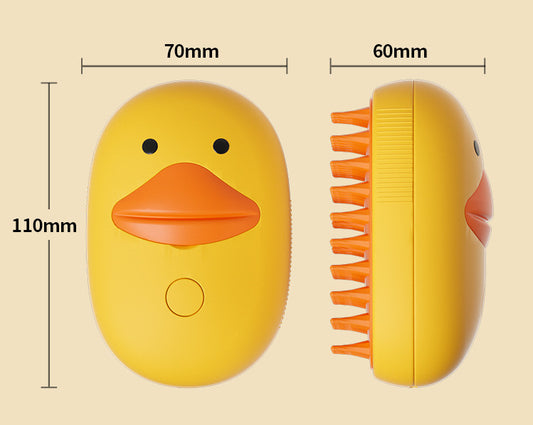 Yellow duck-shaped brush with measurements on a beige background