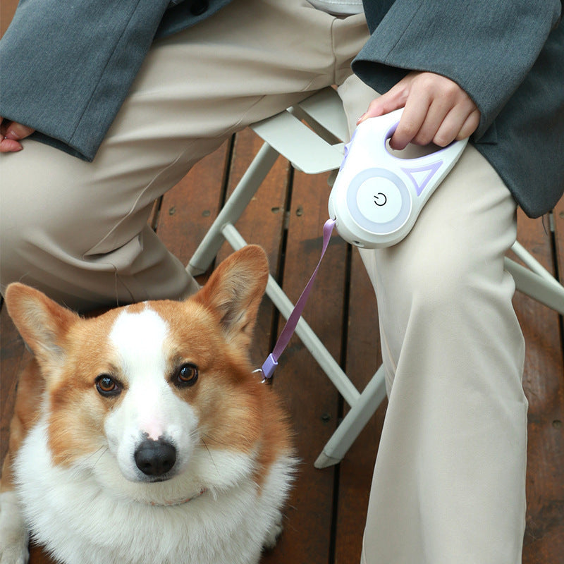 Corgi dog sitting next to a person holding a white device on a wooden floor.