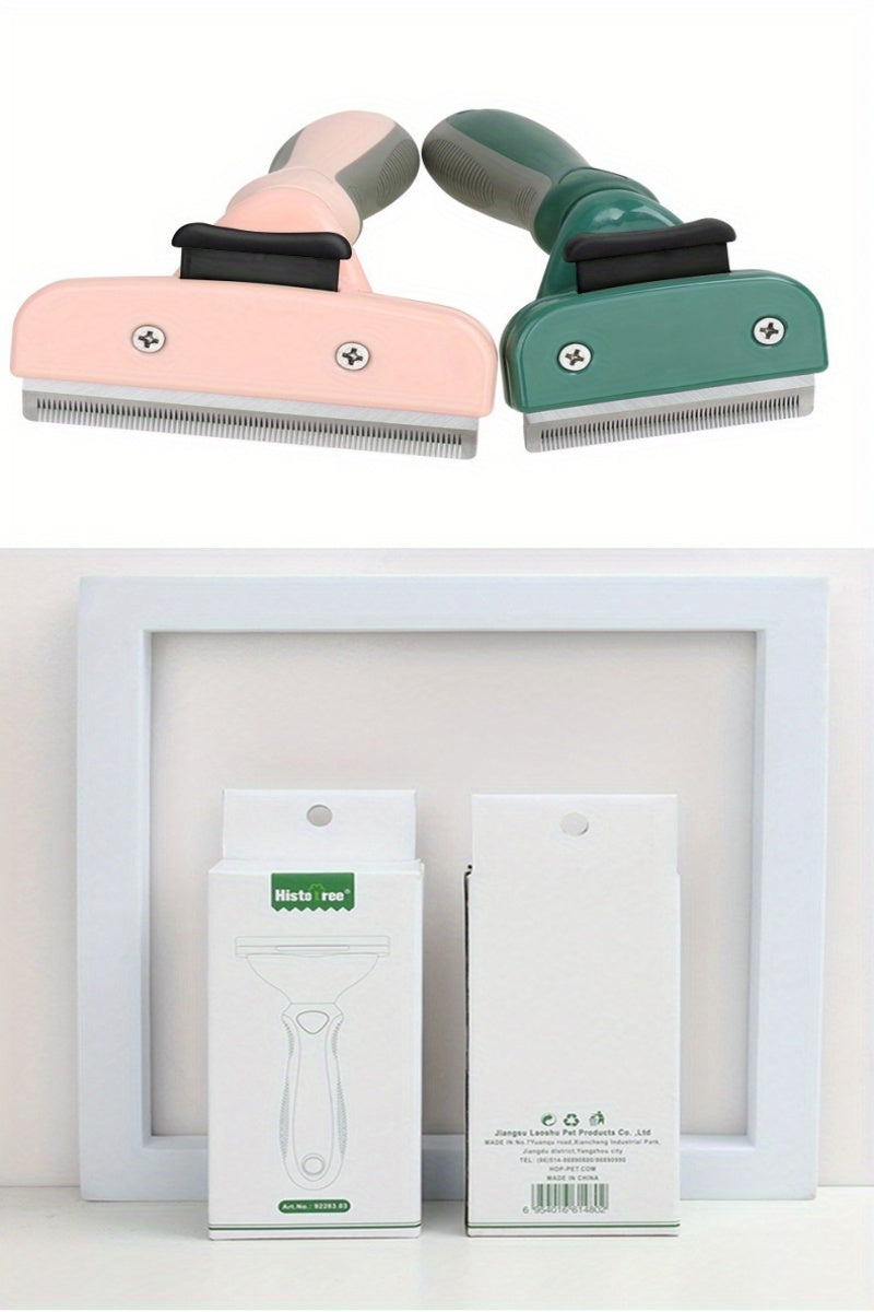 Two pet grooming brushes, one pink and one green, with their packaging