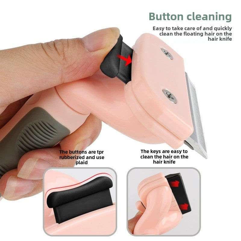 hair removal tool with text on button cleaning and product features.