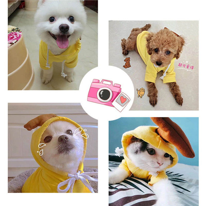 Collage of dogs and a cat wearing yellow banana costumes