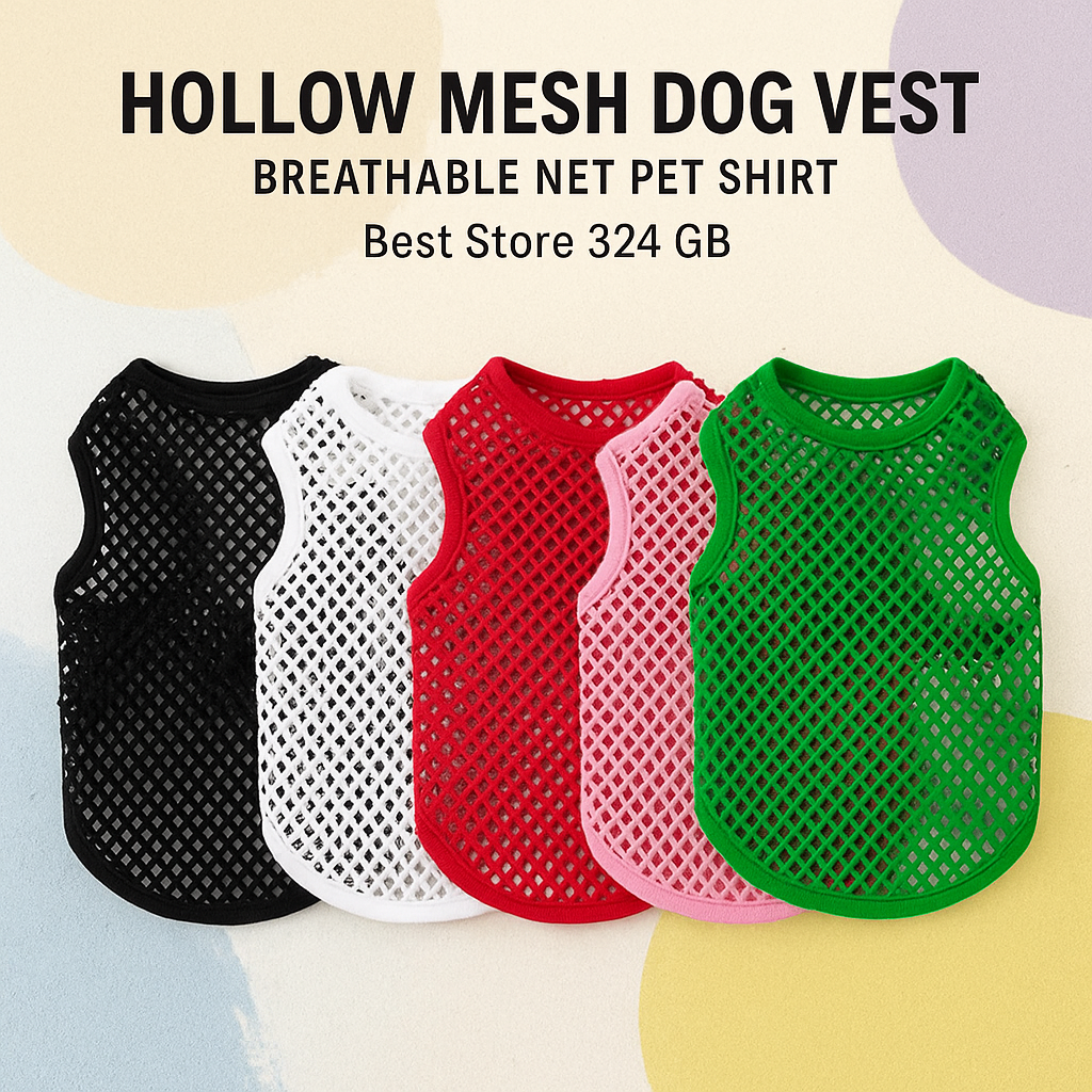 Hollow mesh dog vests in black, white, red, pink, and green on a colorful background.