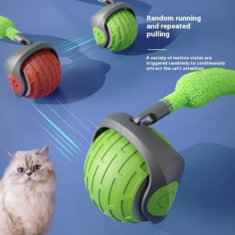 Cat toy with green and red wheels on a blue background, featuring text about its functions.
