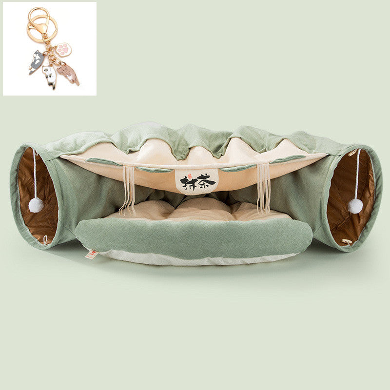 Pet play tunnel with a small mat inside