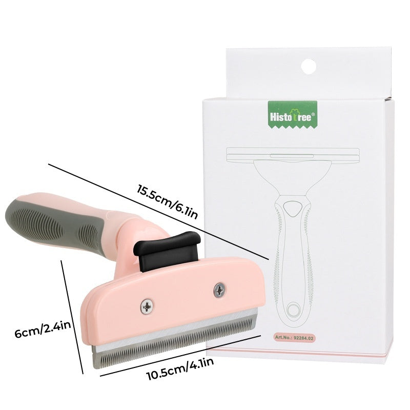 Pet grooming brush with measurements and Histo-free packaging