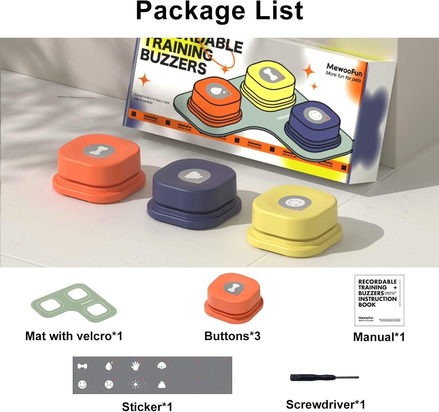 Set of colorful training buzzers with packaging and accessories