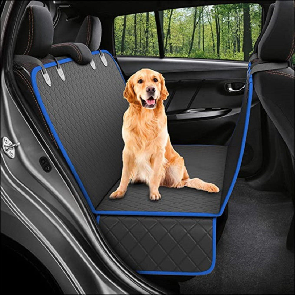 Dog sitting on a black and blue car seat cover in a vehicle