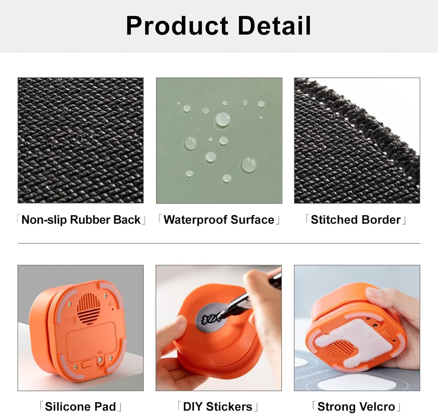 Product detail images with non-slip rubber back, waterproof surface, stitched border, silicone pad, DIY stickers, and strong velcro.