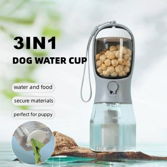 3-in-1 Dog Water Bottle with Food Container & Waste Bag Holder – Portable Multi-Functional Pet Travel Cup