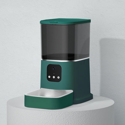Green pet feeder on a white pedestal against a light gray background