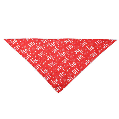 Red bandana with 'Ho Ho Ho' text and snowflake patterns on a white background