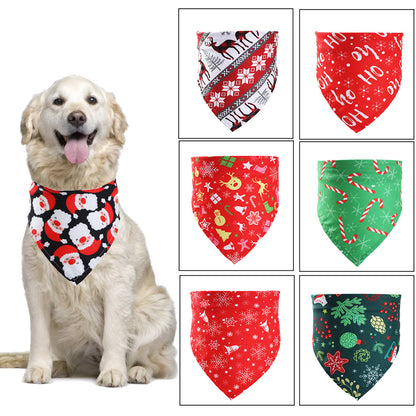 Dog wearing a Christmas-themed bandana with various festive patterns displayed.