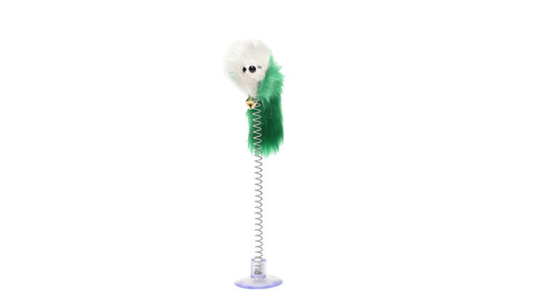 Cat toy with a white cat-shaped top and green feathers on a white background
