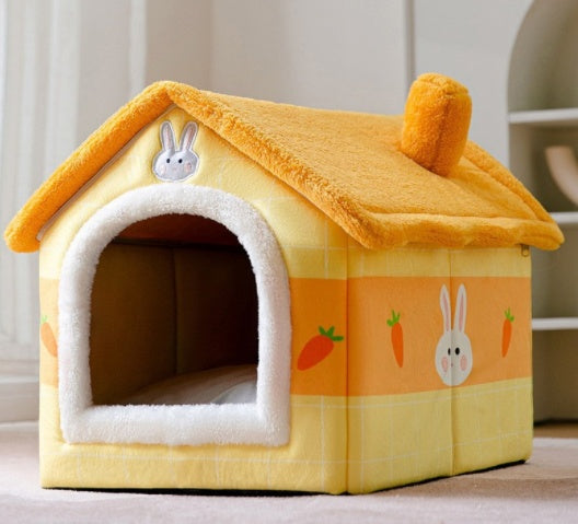 Yellow pet house with cartoon designs