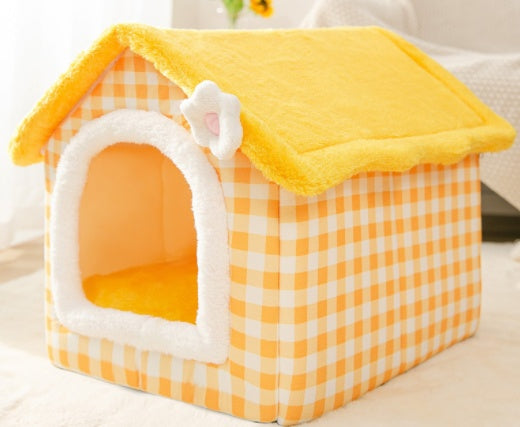 Pet house with yellow and white checkered pattern on a light background