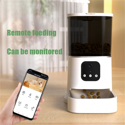 Smart pet feeder with remote feeding app on a table