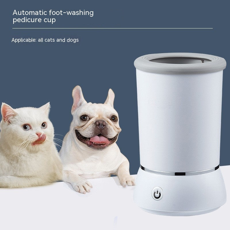 Automatic foot-washing pedicure cup with a cat and dog in front of it