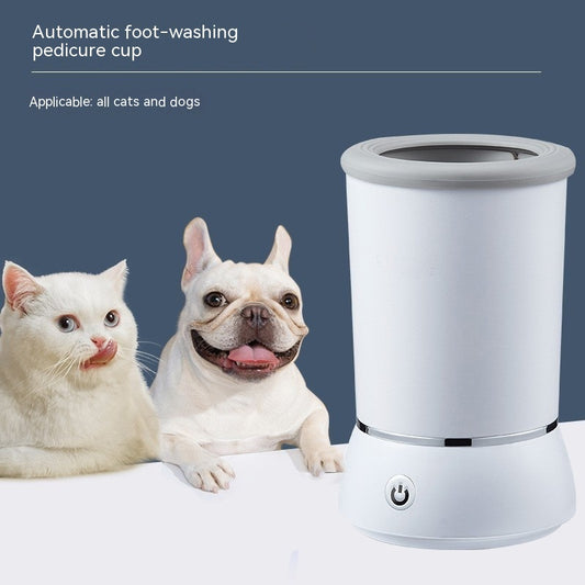 Automatic foot-washing pedicure cup with a cat and dog in front of it