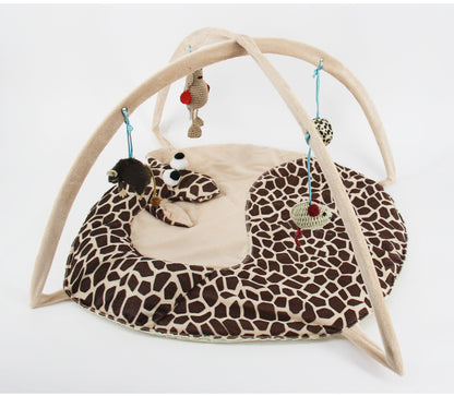 cat play gym with giraffe design and hanging toys on a white background