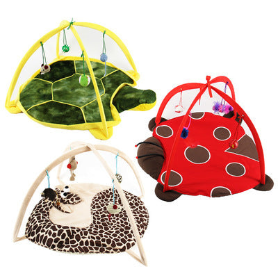 Three cat play mats shaped like a turtle, ladybug, and leopard with colorful designs on a white background.