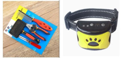 Dog grooming tools on a blue mat and a yellow and black dog collar with a remote control