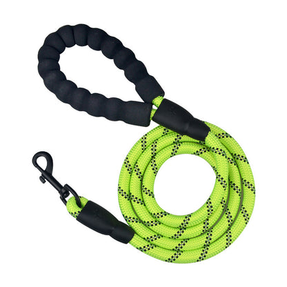 Neon green dog leash with black handles on a white background