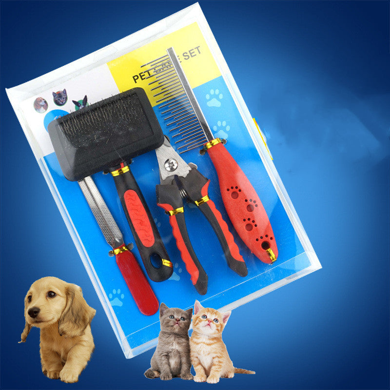 Pet grooming tool set, featuring a dog and two cats.