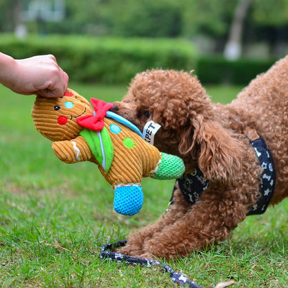Dog playing with a toy shaped like a gingerbread man in an outdoor setting