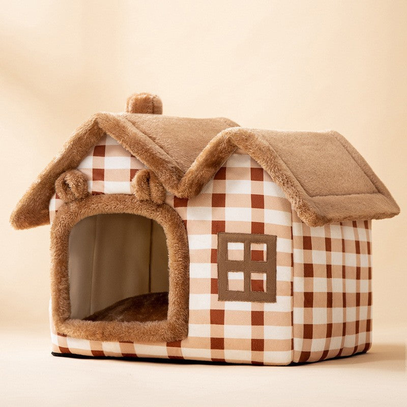 Checkered pet house with brown roof and window