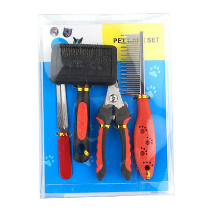 Pet grooming tool set with comb, brush, and scissors