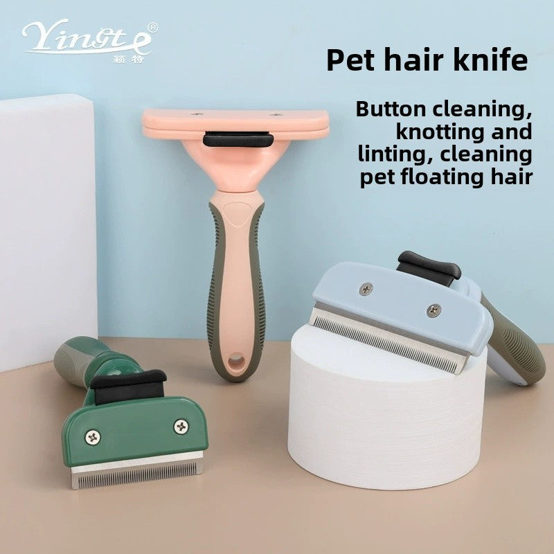 Pet hair removal tools including a pink, green, and white device