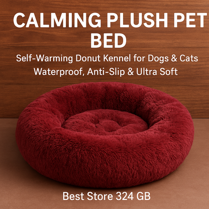 Red plush pet bed with text about features on a wooden background