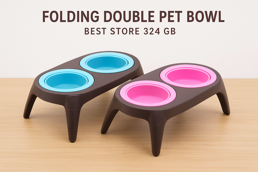 Folding Double Pet Bowl in blue and pink colors on a wooden surface with “Best Store 324 GB” branding.