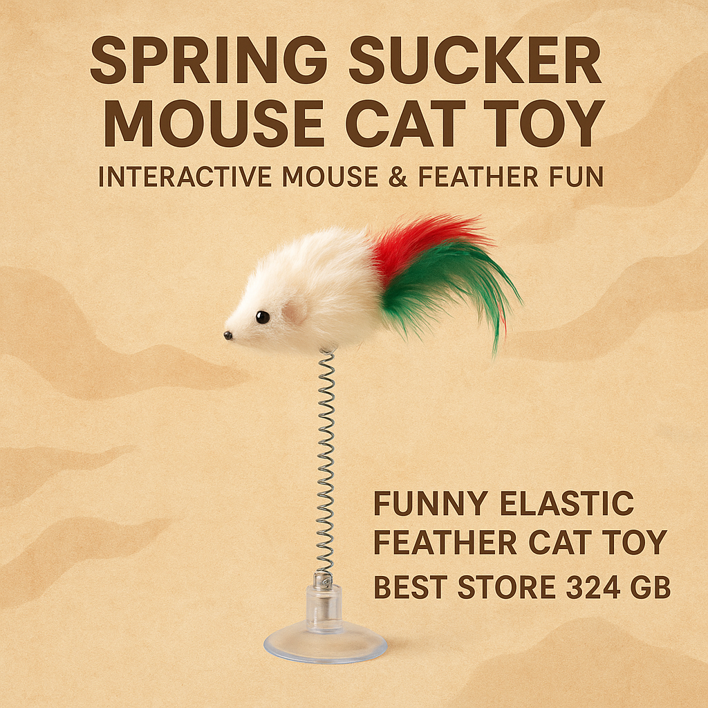 Spring Sucker Mouse Cat Toy with feathers on a beige background