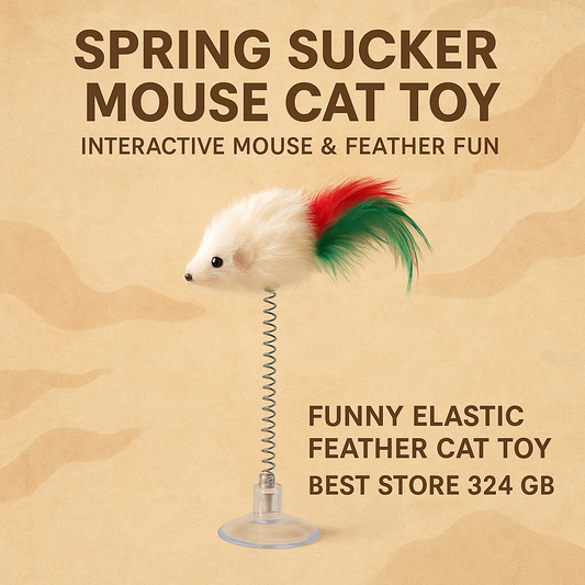 Spring Sucker Mouse Cat Toy with feathers on a beige background