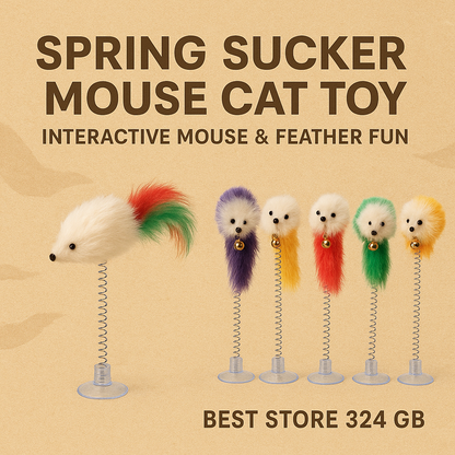 Spring Sucker Mouse Cat Toy with colorful feathers on a beige background