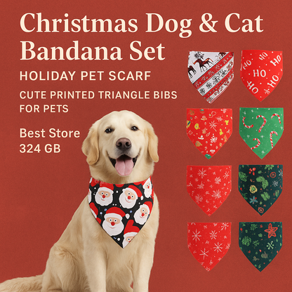 Dog wearing a Christmas bandana with various holiday-themed bandanas displayed on a red background.