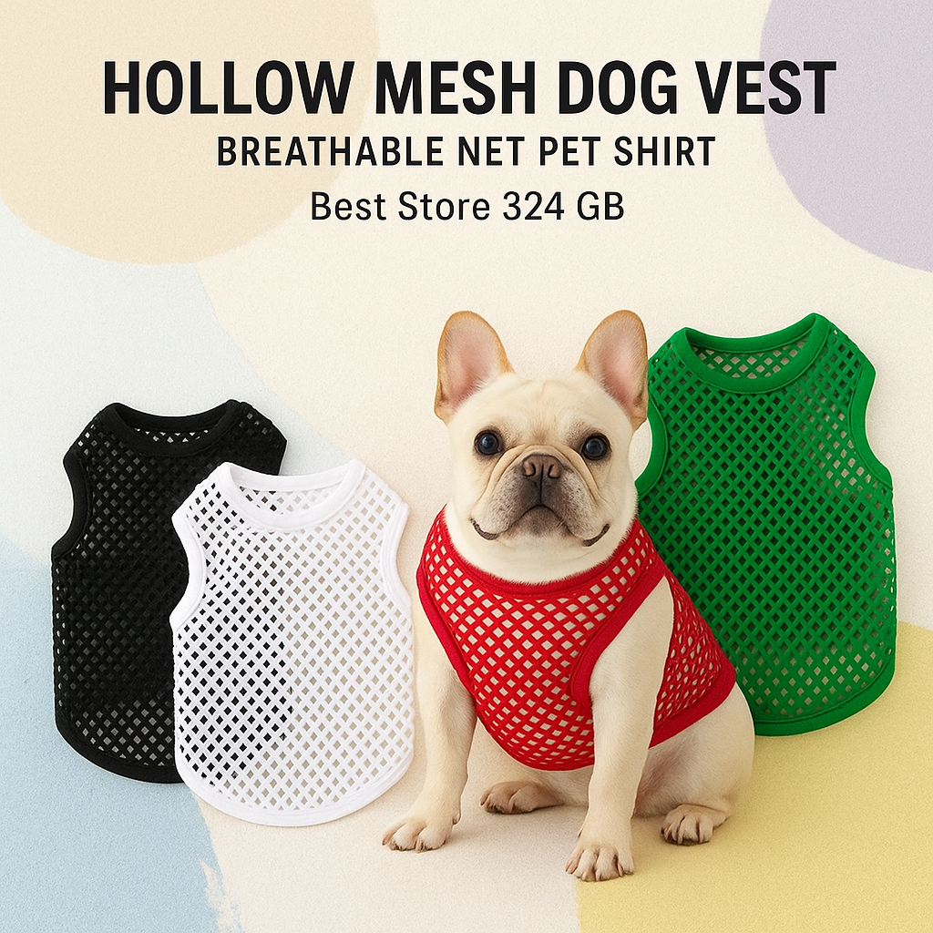 Dog wearing a red hollow mesh vest with other vests in black, white, and green on a light background.