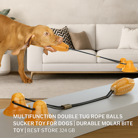 Dog playing with a multifunctional double tug rope balls sucker toy in a living room.