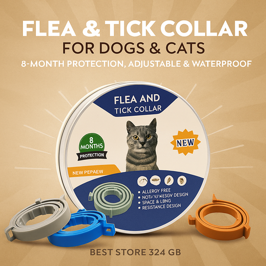 Flea and tick collar for dogs and cats with packaging and components on a beige background