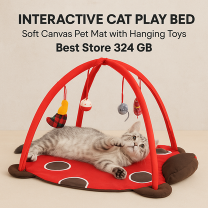 Interactive Cat Play Bed – Soft Canvas Pet Mat with Hanging Toys